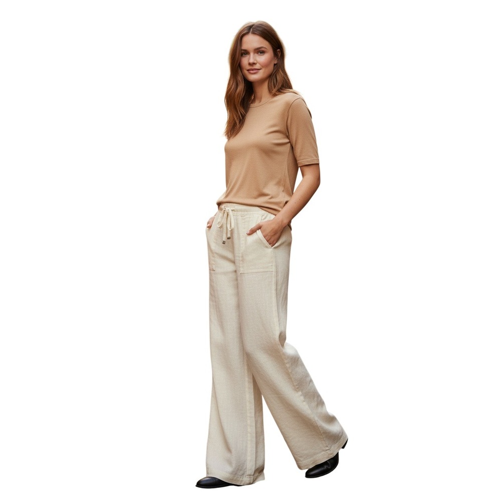 Sanctuary Linen Blend Wide Leg Pants Cream Drawstring Waist Size 29 - 100% Linen